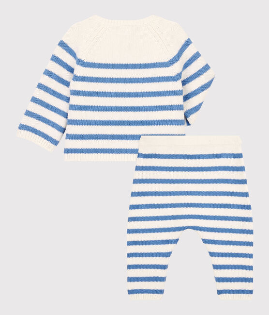 Completo 2 pezzi marinière bebè in maglia di lana e cotone bianco MARSHMALLOW/blu ALASKA