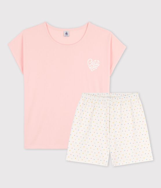 Pigiama corto bambina rosa in cotone biologico rosa MINOIS/bianco MULTICO
