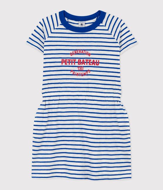 Abito bambina in jersey fiammato a righe bianco MARSHMALLOW/blu PERSE