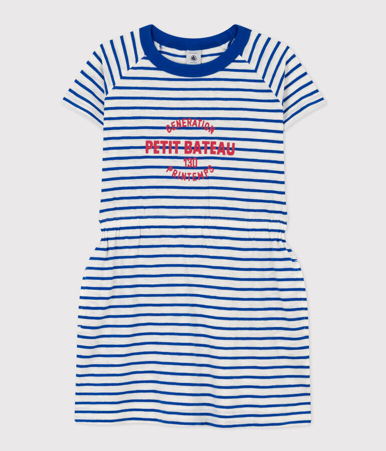 Abito bambina in jersey fiammato a righe bianco/blu