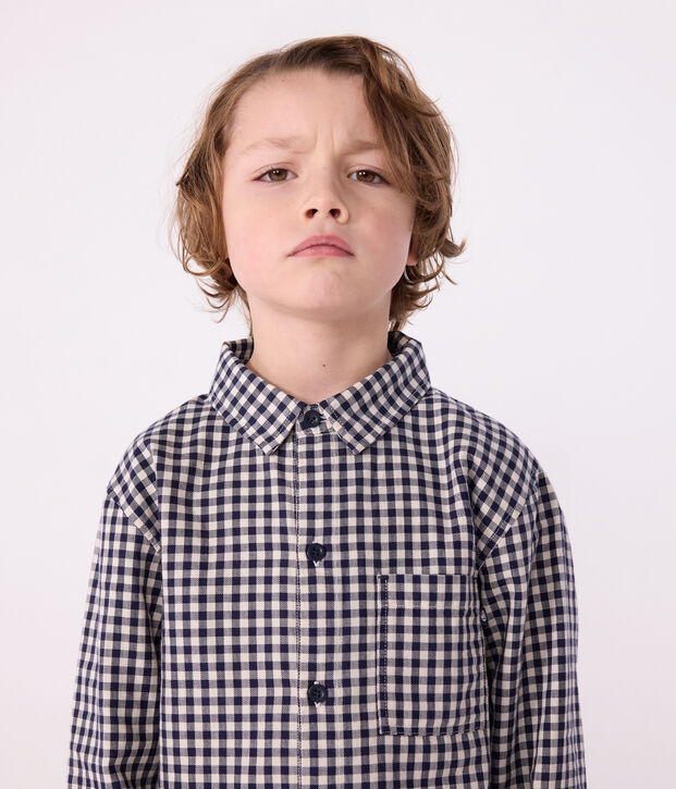 Camicia in cotone a quadri bambino blu/ecru
