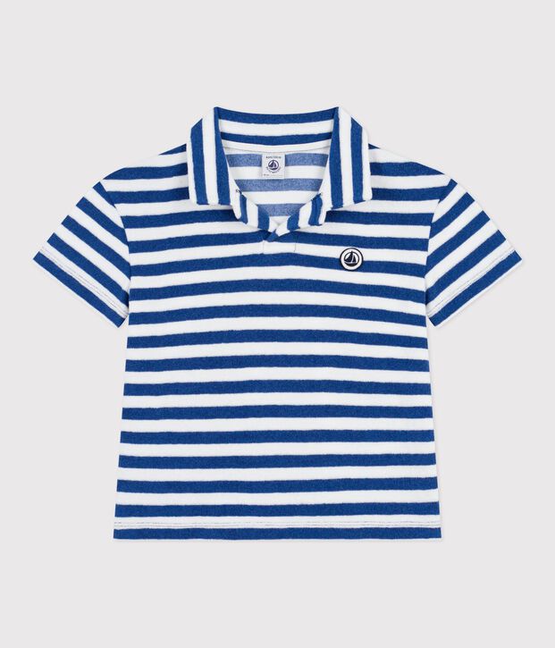 Polo a maniche corte in cotone tinta unita bambino blu/bianco