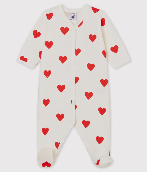 Tutina a cuori rossi beb&eacute; femmina in molleton bianco/rosso