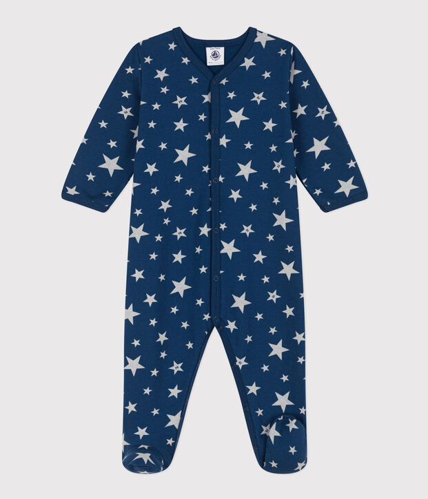 Pigiama beb&egrave; con stelle fosforescenti in tessuto felpato blu/bianco