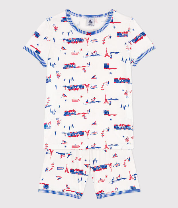 Pigiama corto fantasia Parigi bambina in cotone bianco/multicolore