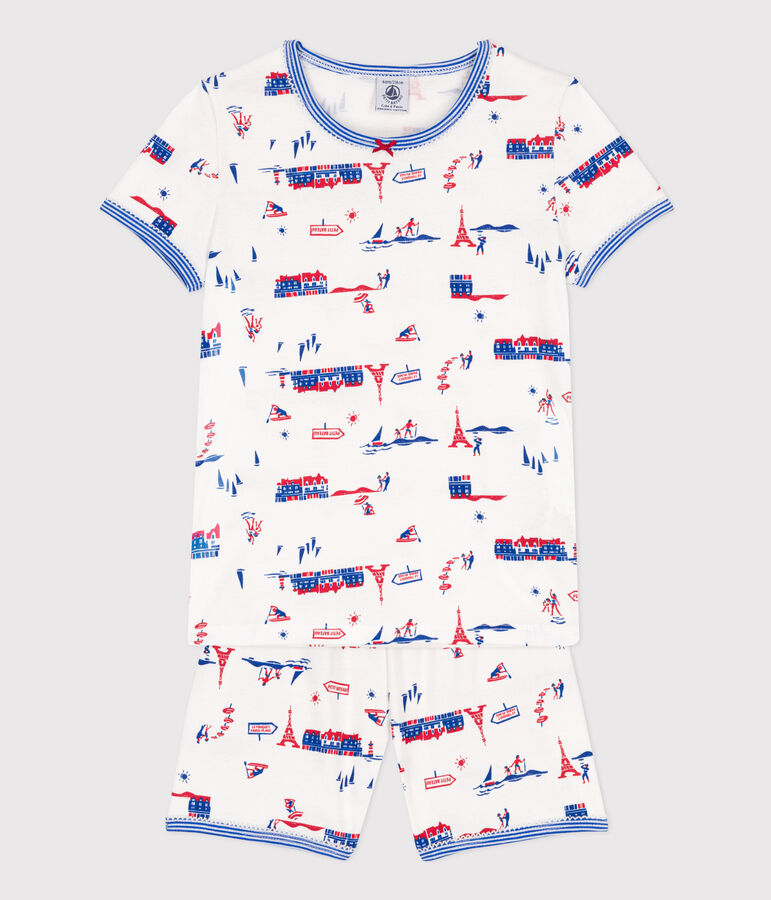 Pigiama corto fantasia Parigi bambina in cotone bianco MARSHMALLOW/bianco MULTICO