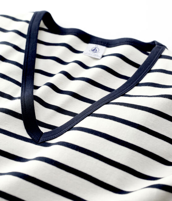 T-shirt L'ICONIQUE scollo a V in cotone Donna bianco MARSHMALLOW/blu SMOKING