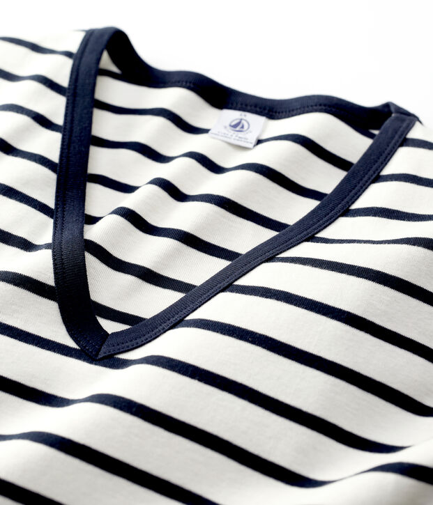T-shirt L'ICONIQUE scollo a V in cotone Donna bianco/blu