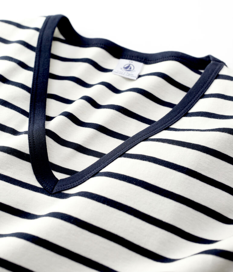 T-shirt L'ICONIQUE scollo a V in cotone Donna bianco/blu