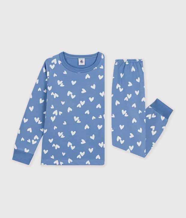 Pigiama in tessuto felpato a cuori bambina blu/bianco