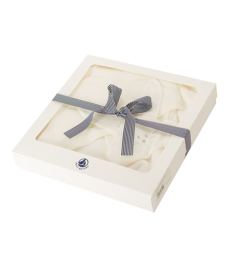 Cofanetto asciugamano quadrato da bagno e doudou beb&egrave; in BE e tubique bianco/multicolore