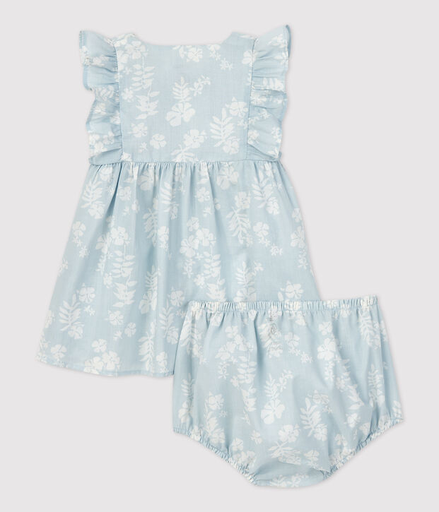 Abito beb&egrave; con bloomer fantasia hawaiana in popeline biologico blu/bianco