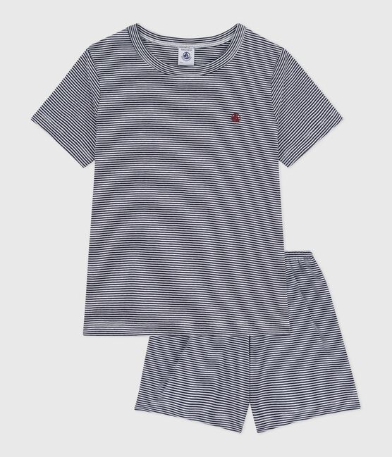 Pigiama corto in cotone a righe bambino blu SMOKING/bianco MARSHMALLOW