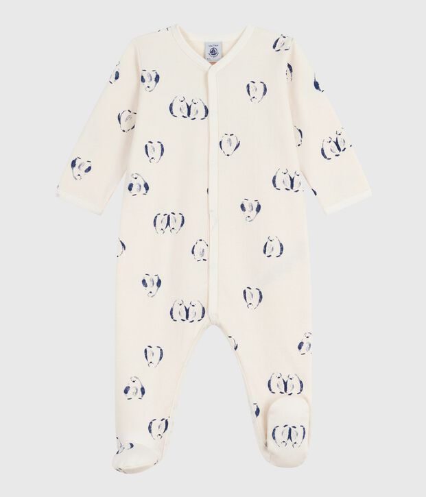 Pigiama per neonato in felpa garzata con stampa animalier pinguino e colletto a petali ecru/multicolore