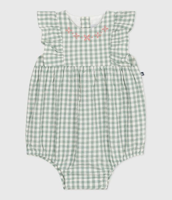 Pagliaccetto neonato senza maniche con stampa a quadretti vichy e scollo ricamato blu PAUL/bianco MARSHMALLOW