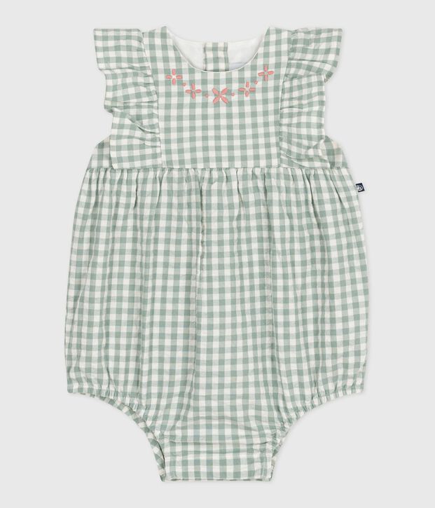 Pagliaccetto neonato senza maniche con stampa a quadretti vichy e scollo ricamato verde/bianco