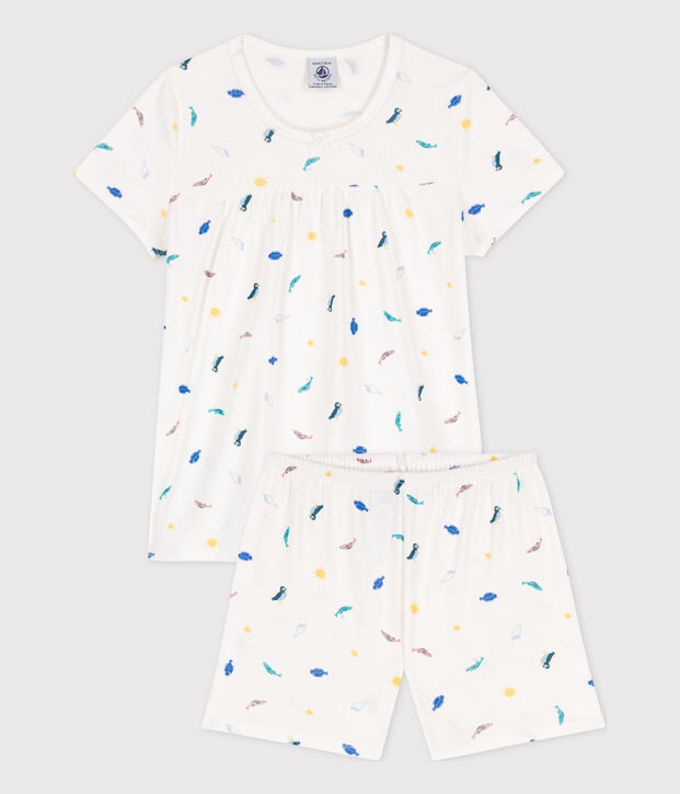 Pigiama corto bambina in cotone con animali marini bianco/multicolore