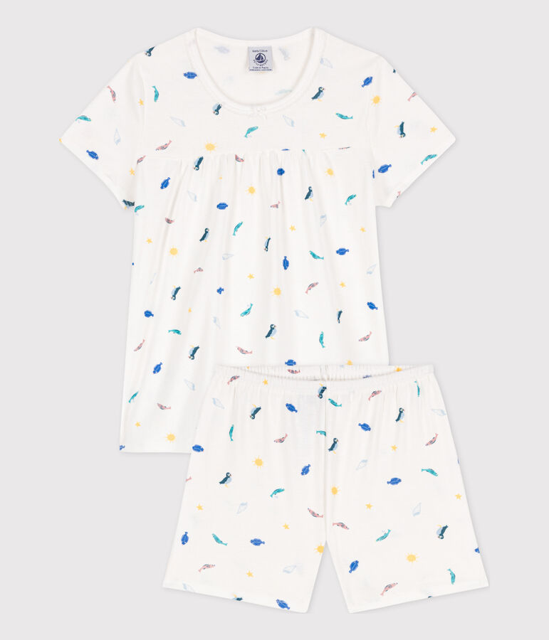 Pigiama corto bambina in cotone con animali marini bianco/multicolore