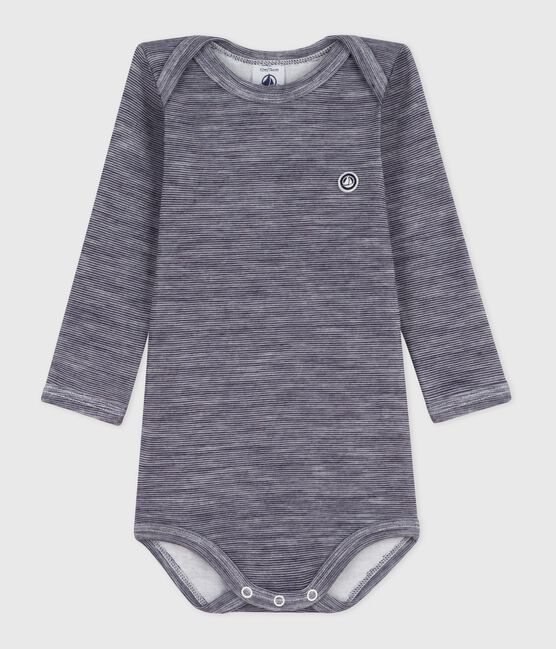 Body maniche lunghe in lana e cotone neonato blu SOIR/ MARSHMALLOW