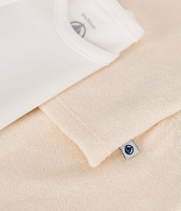 Completo 3 pezzi beb&egrave; in spugna bouclette beb&egrave; ecru