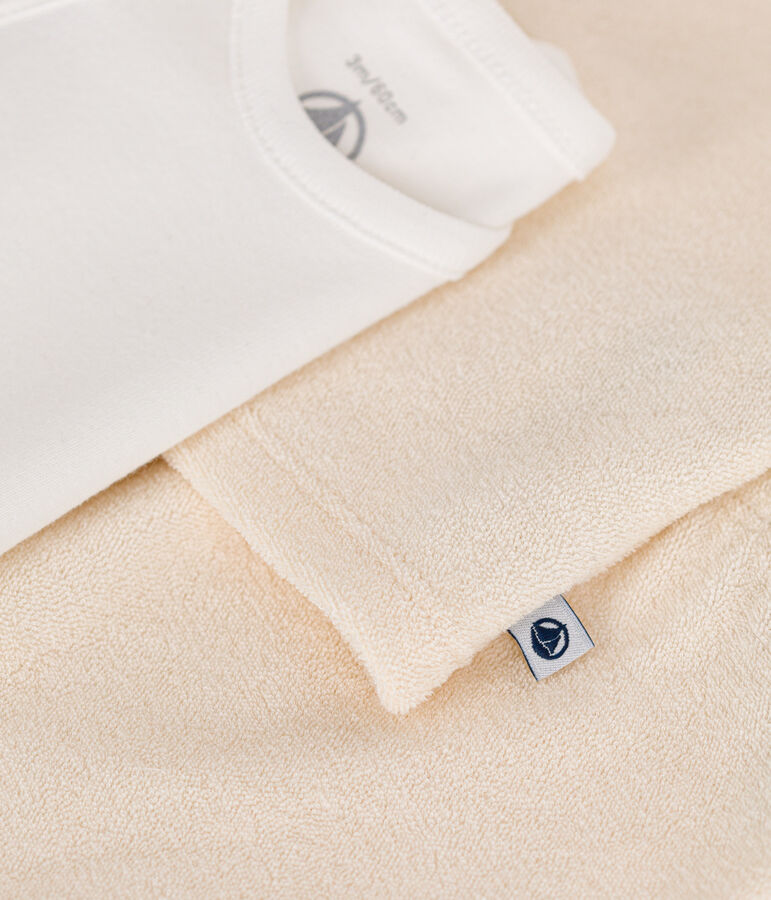 Completo 3 pezzi beb&egrave; in spugna bouclette beb&egrave; ecru