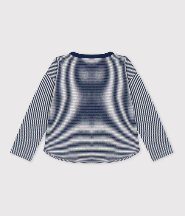 T-shirt bambino a maniche lunghe in tubique blu/beige