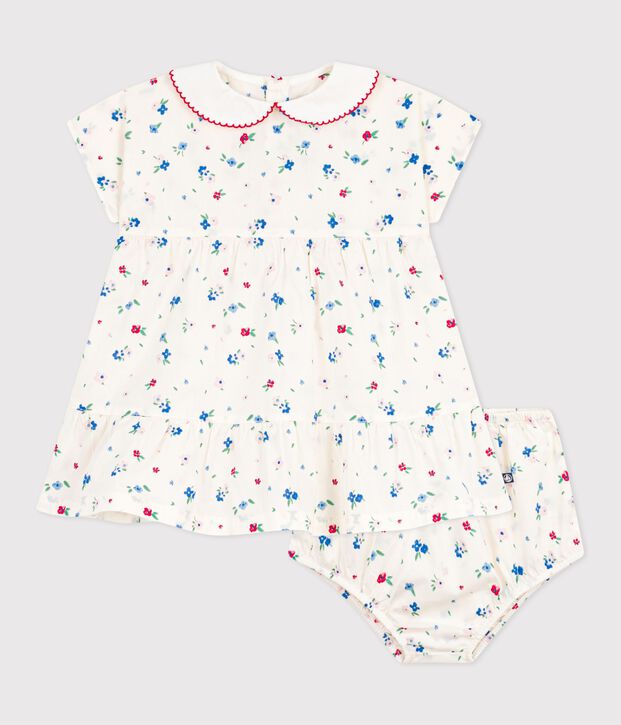 Abito neonata a maniche corte in cotone e bloomer abbinato con stampa a fiori bianco/multicolore