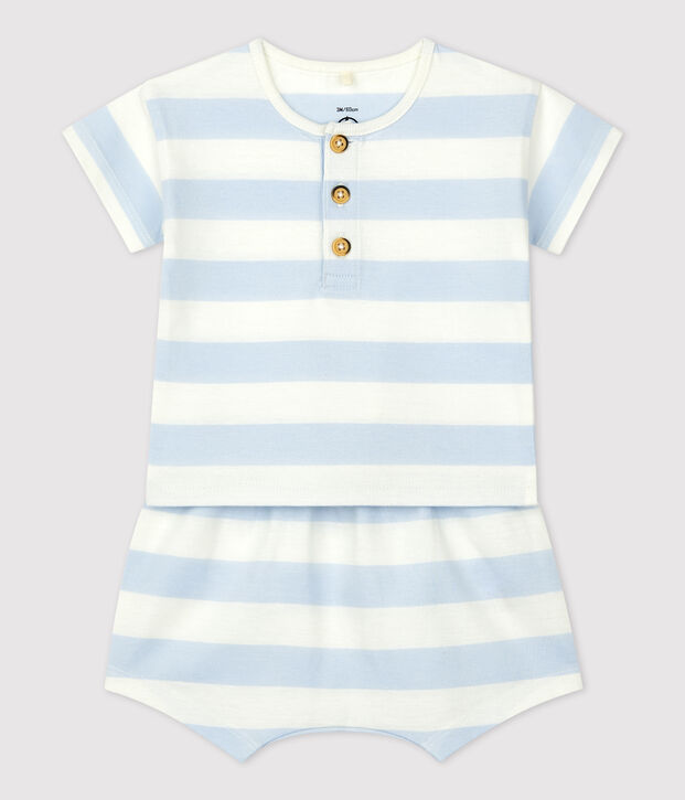 Completo 2 pezzi a righe beb&egrave; in jersey blu/bianco