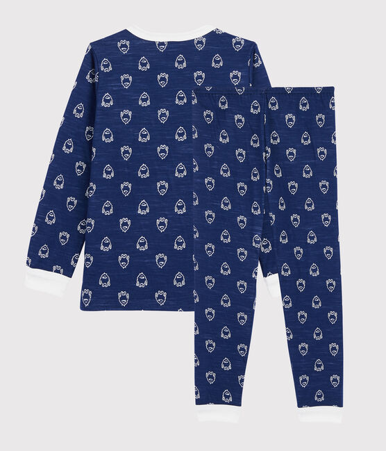 Pigiama jacquard yeti in lana e cotone bambino blu MEDIEVAL/bianco MARSHMALLOW