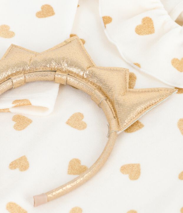 Camicia da notte travestimento bambina in ciniglia con stampa a cuori dorati ecru/giallo