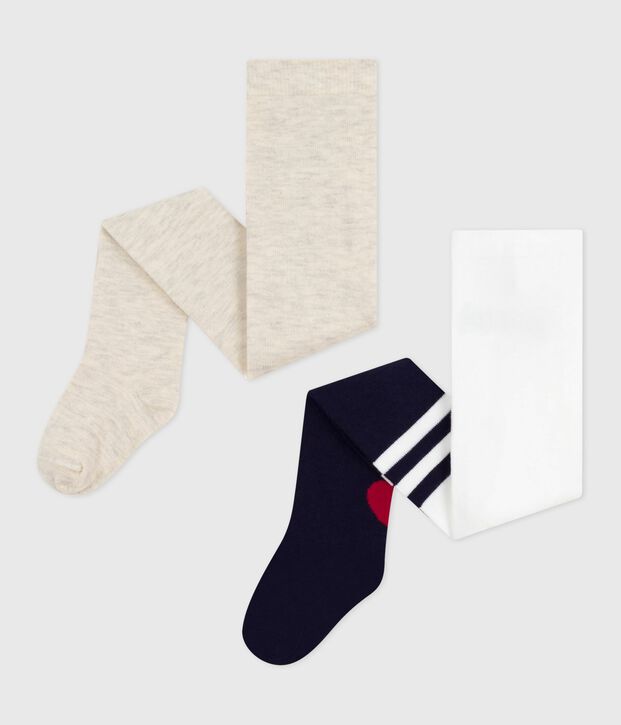 Set di 2 collant in cotone tinta unita con motivo a cuori neonata blu/beige