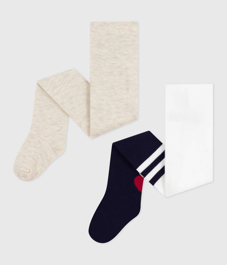 Set di 2 collant in cotone tinta unita con motivo a cuori neonata blu/beige