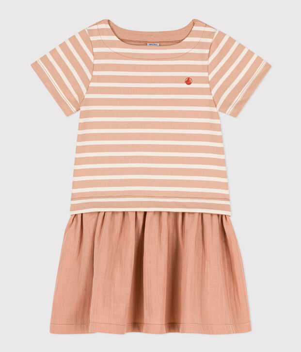 Abito bambina a maniche corte in bi-materiale a righe beige/ecru