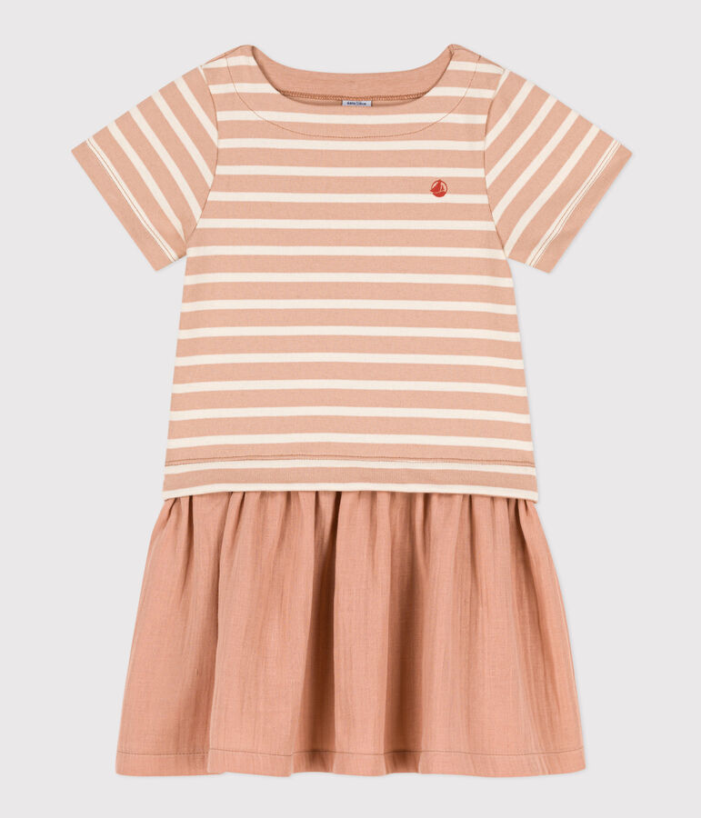Abito bambina a maniche corte in bi-materiale a righe beige/ecru