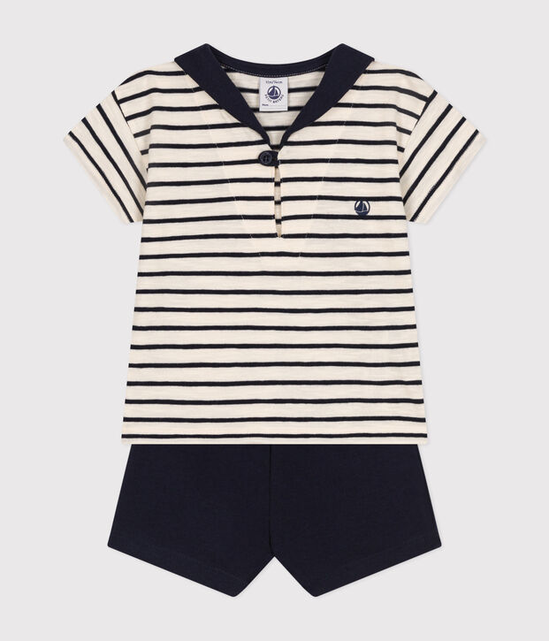 Set beb&egrave; t-shirt e pantaloncini in jersey ecru/blu