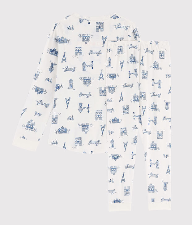 Pigiama bambino fantasia Parigi a costine bianco/blu