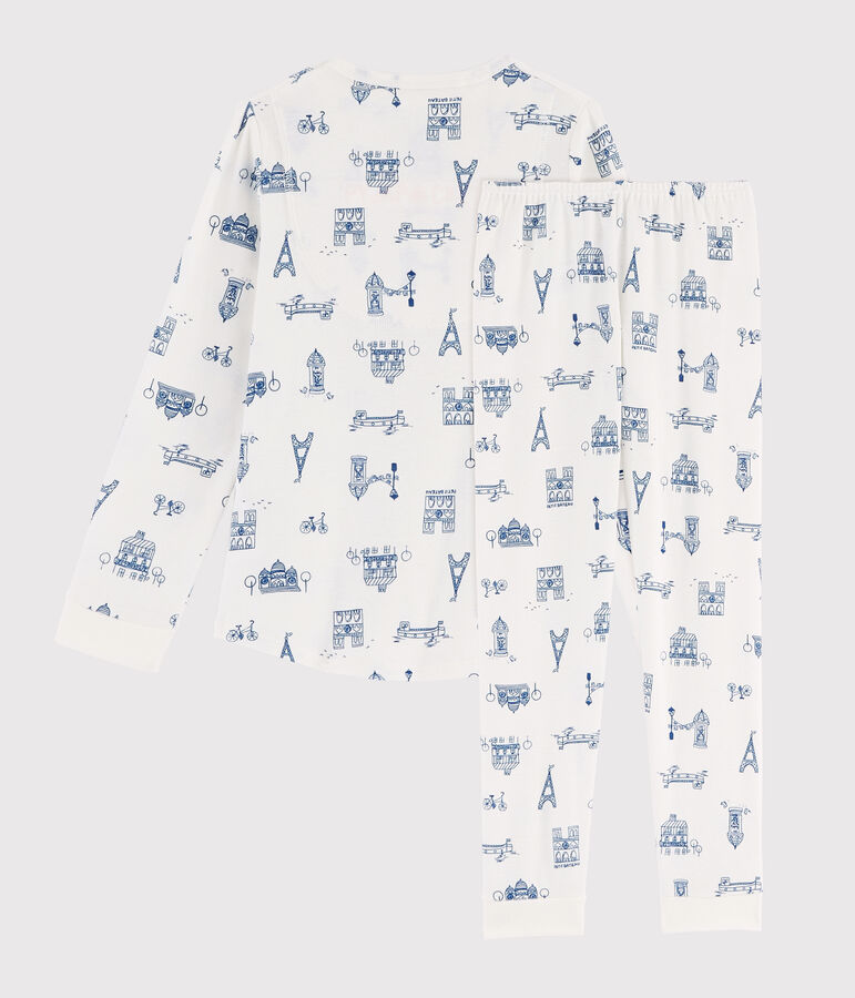 Pigiama bambino fantasia Parigi a costine bianco/blu