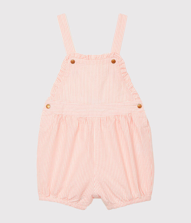 Salopette corta rigata beb&egrave; femmina rosa/bianco