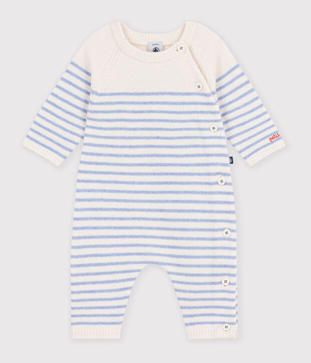 Tutina in maglia di misto lana e cotone a righe neonato blu/blu