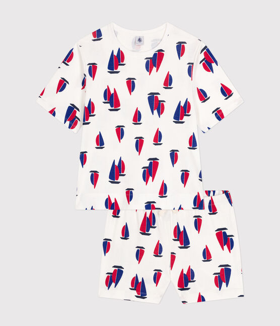 Pigiama con shorts e T-shirt in cotone con motivo a barche donna bianco MARSHMALLOW/bianco MULTICO
