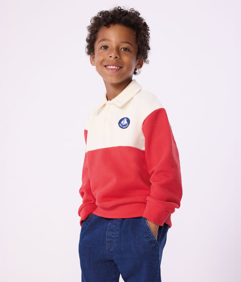 Felpa stile polo in cotone bambino ecru/rosso