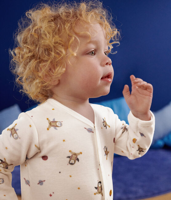 Pigiama per neonato in velluto con stampa raffigurante un piccolo pinguino nello spazio bianco MARSHMALLOW/bianco MULTICO