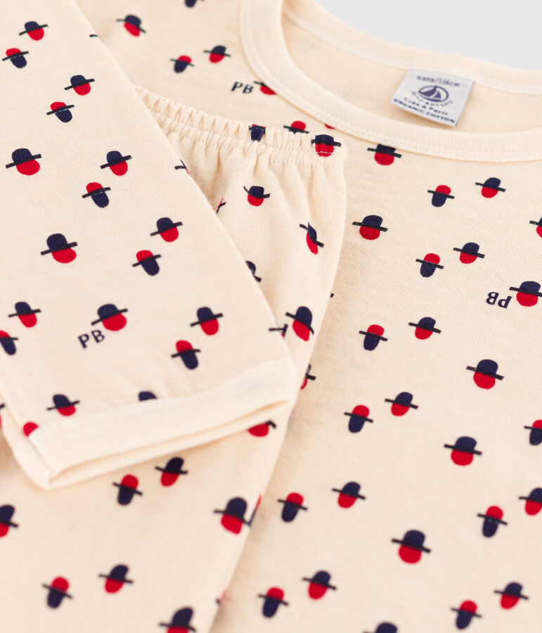 Pigiama in cotone per bimbo/bimba in tubique ecru/rosso/multicolore