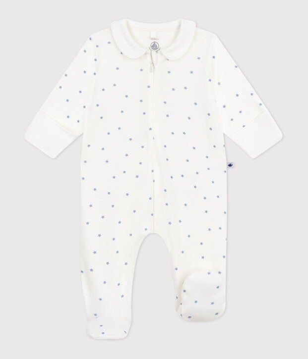 Pigiama in cotone con stelle stampate e colletto neonato bianco/blu