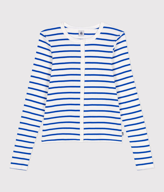 Cardigan in cotone tinta unita donna bianco MARSHMALLOW/blu PERSE