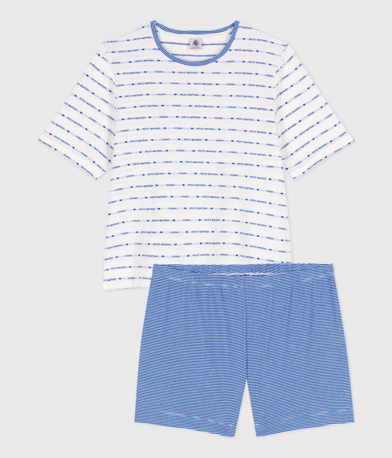 Pigiama corto donna in cotone bianco/blu