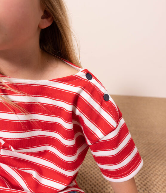 T-shirt bambina in cotone spesso a righe rosso PEPS/bianco MARSHMALLOW