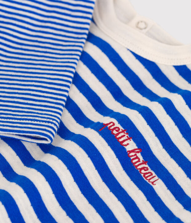 T-shirt a maniche lunghe in cotone a righe neonato blu/ecru