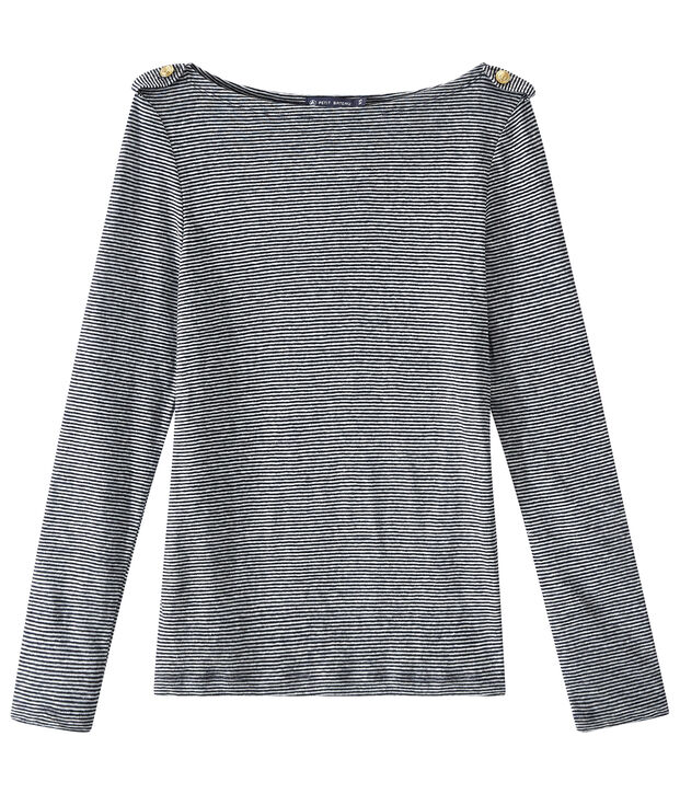 T-shirt donna a maniche lunghe in lino a righe blu/bianco