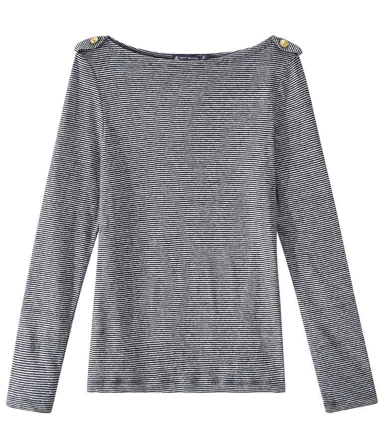 T-shirt donna a maniche lunghe in lino a righe blu SMOKING/bianco LAIT